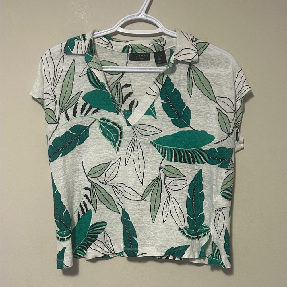 Tahari 100% Linen White Crop Top with Leaf Print